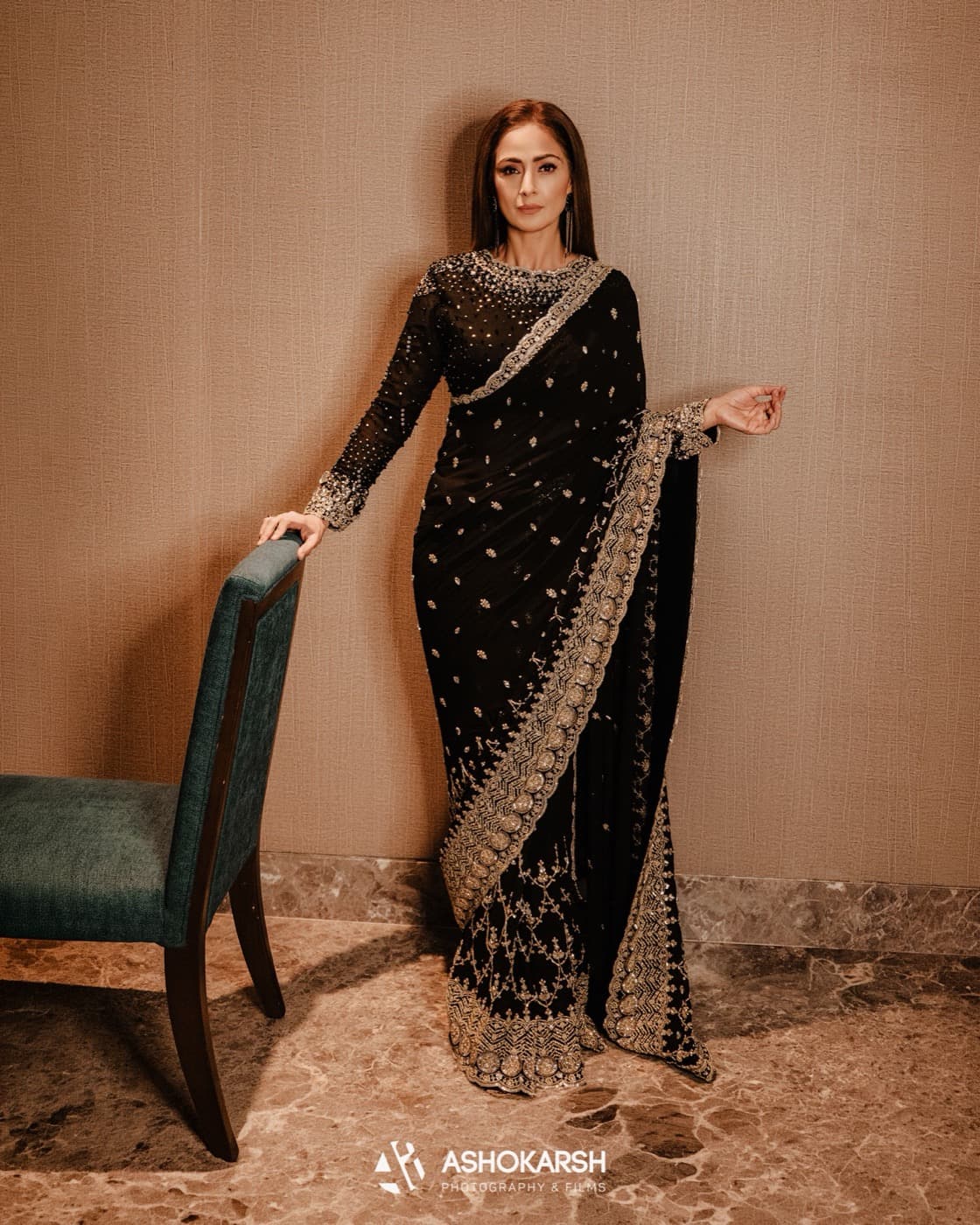 Simran in a black embroidered saree from Stephin Lalan