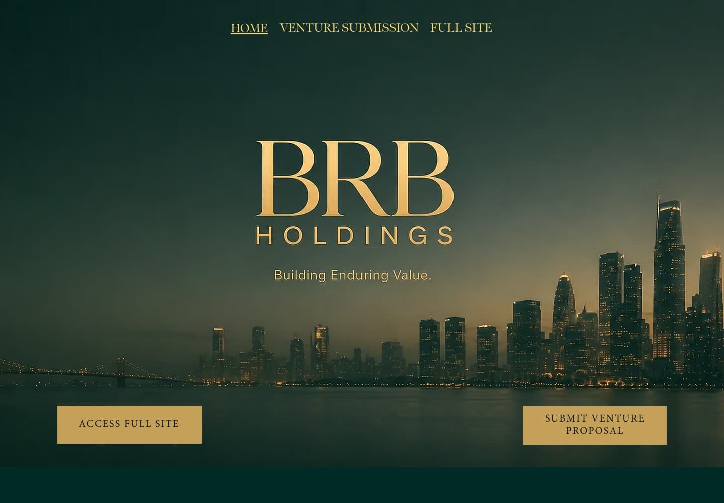 BRB Holdings homepage with a gold wordmark over a city skyline at dusk